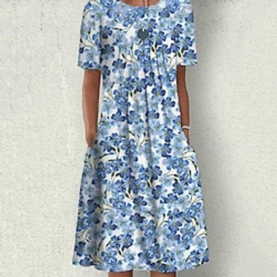 Women's Shift Dress Midi Dress Blue Short Sleeve Floral Pocket Spring Summer Crew Neck Loose Fit 2022 S M L XL XXL 3XL Lightinthebox