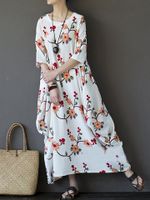 Vintage Floral Embroidered Irregular Half Sleeve O-neck Women Maxi Dress