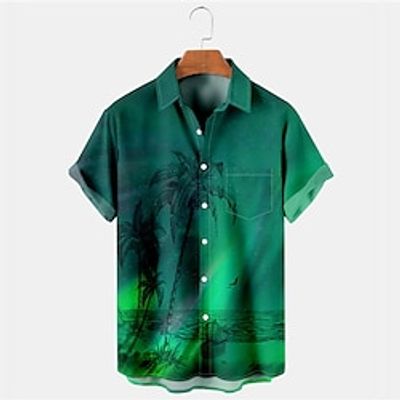 Men's Shirt Summer Hawaiian Shirt Graphic Prints Aurora Turndown Green Street Casual Short Sleeves Button-Down Print Clothing Apparel Tropical Sports Streetwear Designer Lightinthebox