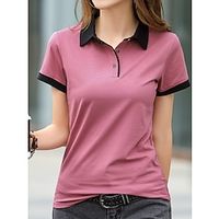 Women's T shirt Tee Polo Cotton Color Block Black Pink Wine Button Short Sleeve Sports Weekend Fashion Shirt Collar Regular Fit Spring  Summer Lightinthebox - thumbnail