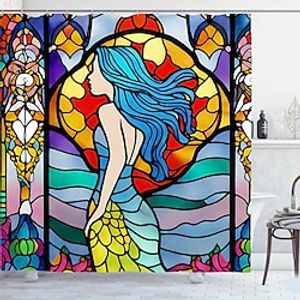 Stained Glass Mermaid Bathroom Deco Shower Curtain with Hooks Bathroom Decor Waterproof Fabric Shower Curtain Set with12 Pack Plastic Hooks miniinthebox