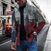 Men's Coat With Pockets Daily Wear Vacation Going out Single Breasted Turndown Streetwear Casual Daily Outdoor Jacket Outerwear National Flag Pocket Print Blue  Long Sleeve Lightinthebox - thumbnail