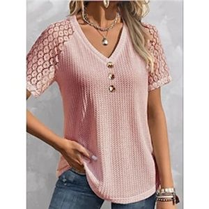 T shirt Tee Women's Black White Pink Solid Color Lace Button Street Daily Fashion V Neck S Lightinthebox