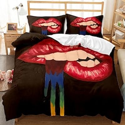 Valentine's Day Themed Bedding Set 3-Piece Duvet Cover Set, Watercolor Lips Art Red  Duvet Cover,Ultra Soft and Easy Care,Simple Style Bedding Set miniinthebox