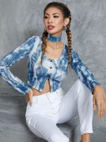 Blue Tie Dye Cut Out Design Slit Hem Long Sleeves Tee - thumbnail
