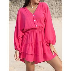 Women's Casual Dress Cotton Linen Dress Mini Dress Ruffle Button Basic Daily V Neck Long Sleeve Summer Spring Red Orange Plain Lightinthebox