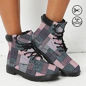 Women's Boots Print Shoes Combat Boots Plus Size Outdoor Daily Geometric Color Block 3D Booties Ankle Boots Winter Flat Heel Round Toe Closed Toe Fashion Casual Faux Leather Lace-up Blue Pink miniinthebox