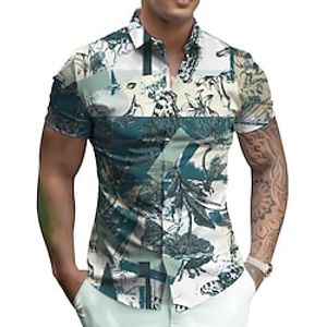 Men's Shirt Summer Hawaiian Shirt Color Block Graphic Prints Geometry Turndown Royal Blue Blue Green Street Casual Short Sleeves Button-Down Print Clothing Apparel Tropical Fashion Streetwear Hawaiian Lightinthebox