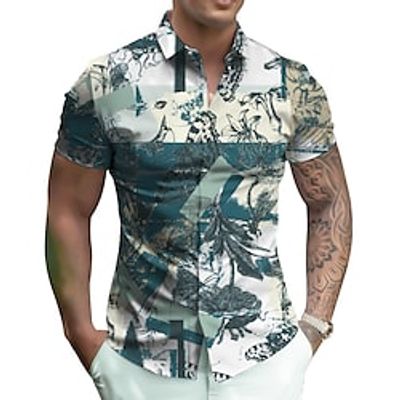 Men's Shirt Summer Hawaiian Shirt Color Block Graphic Prints Geometry Turndown Royal Blue Blue Green Street Casual Short Sleeves Button-Down Print Clothing Apparel Tropical Fashion Streetwear Hawaiian Lightinthebox