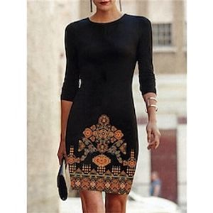 Women's Casual Dress Winter Dress Ethnic Dress Floral Tribal Print Crew Neck Mini Dress Vintage Ethnic Outdoor Daily Long Sleeve Loose Fit Black Fall Winter S M L XL XXL Lightinthebox