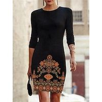 Women's Casual Dress Winter Dress Ethnic Dress Floral Tribal Print Crew Neck Mini Dress Vintage Ethnic Outdoor Daily Long Sleeve Loose Fit Black Fall Winter S M L XL XXL Lightinthebox - thumbnail