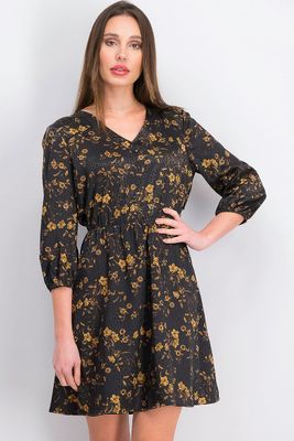 Womens Floral V-Neck Dress  Black