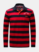 Mens Fall Winter Striped Printed Turn-down Collar Long Sleeve Thicken Casual Cotton Polo Shirt