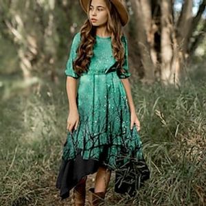 Kids Little Girls' Dress Graphic A Line Dress Daily Holiday Vacation Ruffle Print Green Blue Maxi Half Sleeve Casual Cute Sweet Dresses Halloween Fall Winter Regular Fit 3-12 Years miniinthebox