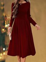 Round Neck Casual Loose Solid Color Long Sleeve Midi Dress