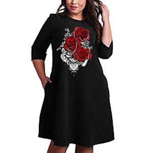 Women's Plus Size Dress A Line Dress Knee Length Dress 34 Length Sleeve Floral Graphic Print Casual Fall Spring  Summer Black XL XXL 3XL 4XL 5XL Lightinthebox