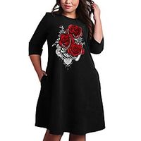Women's Plus Size Dress A Line Dress Knee Length Dress 34 Length Sleeve Floral Graphic Print Casual Fall Spring  Summer Black XL XXL 3XL 4XL 5XL Lightinthebox - thumbnail