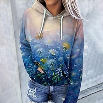 Women's Pullover Hoodie Sweatshirt Pullover Streetwear Casual Front Pocket Print Blue Floral Daily Hooded Long Sleeve S M L XL XXL 3XL Lightinthebox