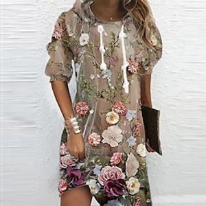 Women's Hoodie Dress Winter Dress Khaki Long Sleeve Floral Print Winter Fall Hooded Vacation Casual Fall Dress 2022 S M L XL XXL 3XL Lightinthebox