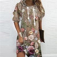 Women's Hoodie Dress Winter Dress Khaki Long Sleeve Floral Print Winter Fall Hooded Vacation Casual Fall Dress 2022 S M L XL XXL 3XL Lightinthebox - thumbnail