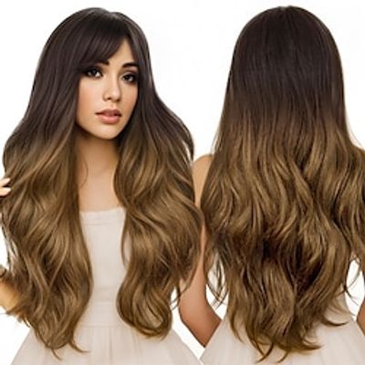Long Ombre Brown Wavy Wig with Bangs Dark Brown Wavy Wigs for Women Natural Looking Synthetic Hair Replacement Wig for Party Daily Use 26Inch Lightinthebox