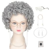 Child Kids Old Lady Costume Wig Set for 100 Days of School and Grandma Costumes Short Curly Grey Wig Halloween miniinthebox - thumbnail