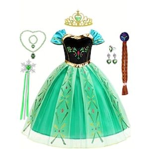 Frozen Fairytale Princess Anna Flower Girl Dress Theme Party Costume Tulle Dresses Girls' Movie Cosplay Cosplay Halloween Dark Green Green Dress Accessory Set Halloween Carnival Masquerade Polyester Lightinthebox
