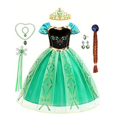 Frozen Fairytale Princess Anna Flower Girl Dress Theme Party Costume Tulle Dresses Girls' Movie Cosplay Cosplay Halloween Dark Green Green Dress Accessory Set Halloween Carnival Masquerade Polyester Lightinthebox