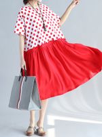 Vintage Polka Dots Patchwork Short Sleeve Loose Women Dresses