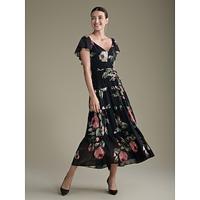 Chiffon Wedding Guest Rose Floral V Neck Maxi Dress