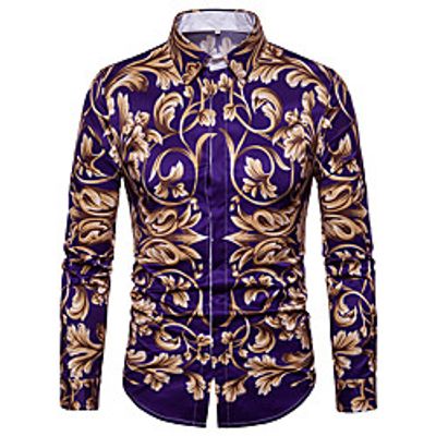 Men's Shirt Floral Long Sleeve Daily Tops Basic Vintage Purple miniinthebox