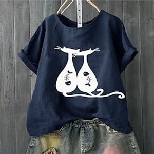 Women's T shirt Tee Cat Casual Weekend Cat Painting T shirt Tee Short Sleeve Print Round Neck Basic Essential Black Pink Navy Blue M miniinthebox