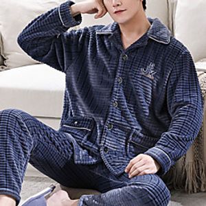 Men's Warm Breathable Loungewear Pajamas Sets Sleepwear Home Bed Basic Letter Polyester Simple Fashion Soft Fall Winter Lapel Long Sleeve Long Pant Lightinthebox