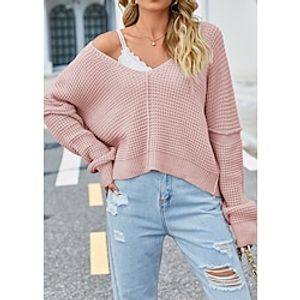 Women's Pullover Sweater Jumper V Neck Waffle Knit Acrylic Oversized Fall Winter Regular Outdoor Daily Going out Stylish Casual Soft Long Sleeve Solid Color Black Pink Apricot S M L miniinthebox