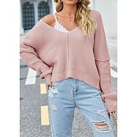 Women's Pullover Sweater Jumper V Neck Waffle Knit Acrylic Oversized Fall Winter Regular Outdoor Daily Going out Stylish Casual Soft Long Sleeve Solid Color Black Pink Apricot S M L miniinthebox - thumbnail