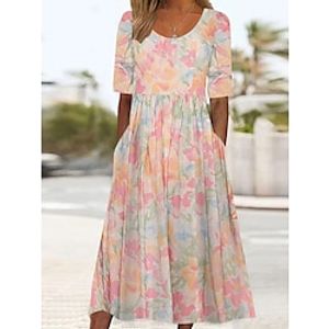 Women's Casual Dress Summer Dress Print Dress Floral Ruched Pocket Crew Neck Midi Dress Fashion Streetwear Street Daily Short Sleeve Regular Fit Yellow Summer Spring S M L XL XXL Lightinthebox