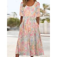 Women's Casual Dress Summer Dress Print Dress Floral Ruched Pocket Crew Neck Midi Dress Fashion Streetwear Street Daily Short Sleeve Regular Fit Yellow Summer Spring S M L XL XXL Lightinthebox - thumbnail