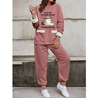 Women's Sweatshirt Tracksuit Pants Sets Fleece Lined Fleece Cat Letter Pink Blue Gray Print Drawstring Long Sleeve Outdoor Casual Active Sports Round Neck Regular Fit Fall  Winter Lightinthebox - thumbnail