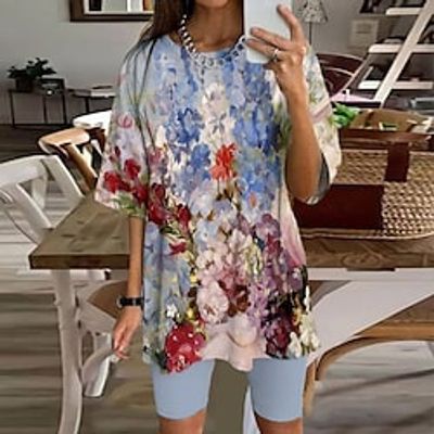 Women's Loungewear Sets 2 Pieces Flower Comfort Sweet Home Daily Polyester Crew Neck # Spring Summer Blue Lightinthebox