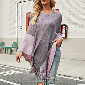 Women's Cloak / Capes Sweater Classic Style Stripes Basic Casual Long Sleeve Sweater Cardigans V Neck Fall Winter Wine Red Blushing Pink Grey miniinthebox