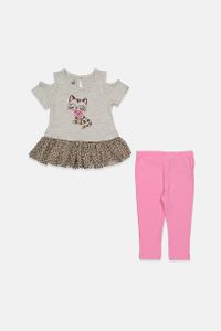 Baby Girls 2-Pieces Cold-Shoulder Cat Tunic & Leggings Set  Grey/Pink