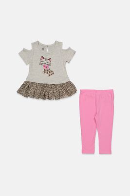 Baby Girls 2-Pieces Cold-Shoulder Cat Tunic & Leggings Set Grey/Pink Baby Girls 2-Pieces Cold-Shoulder Cat Tunic & Leggings Set Grey/Pink