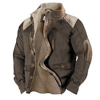 Men's Leather Jacket Suede Jacket Outdoor Daily Wear Warm Zipper Pocket Fall Winter Color Block Fashion Streetwear Standing Collar Regular Brown Jacket miniinthebox - thumbnail