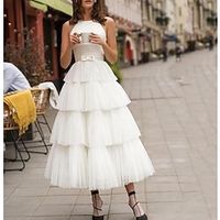 Beach Little White Dresses Wedding Dresses A-Line Scoop Neck Sleeveless Tea Length Satin Bridal Gowns With Bow(s) 2023 Lightinthebox - thumbnail