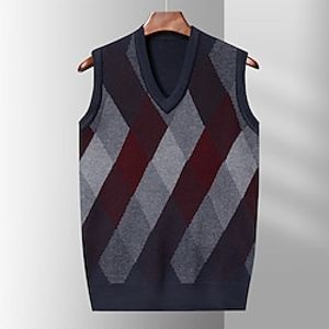 Men's Sweater Vest Wool Sweater Pullover Sweater Jumper Ribbed Knit Regular Knitted Jacquard Rhombus V Neck Modern Contemporary Work Daily Wear Clothing Apparel Winter Black Red S M L Lightinthebox