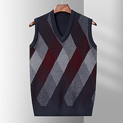 Men's Sweater Vest Wool Sweater Pullover Sweater Jumper Ribbed Knit Regular Knitted Jacquard Rhombus V Neck Modern Contemporary Work Daily Wear Clothing Apparel Winter Black Red S M L Lightinthebox