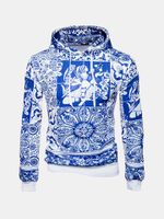 Mens Cotton Blue and White Porcelain Casual Hoodie