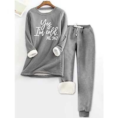 Women's Fleece Pajama Sets Lounge Sets Letter Warm Comfort Soft Home Daily Bed Fleece Warm Breathable Crew Neck Long Sleeve Pullover Pant Elastic Waist Fall Winter Gray miniinthebox