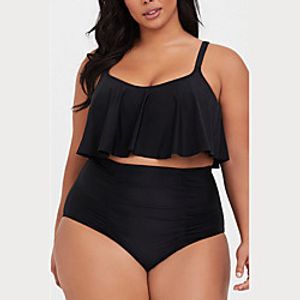 Women's Swimwear Bikini 2 Piece Plus Size Swimsuit Ruffle Open Back Solid Color Black Camisole Strap Bathing Suits New Casual Vacation / Modern / Padded Bras miniinthebox