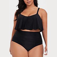 Women's Swimwear Bikini 2 Piece Plus Size Swimsuit Ruffle Open Back Solid Color Black Camisole Strap Bathing Suits New Casual Vacation / Modern / Padded Bras miniinthebox - thumbnail